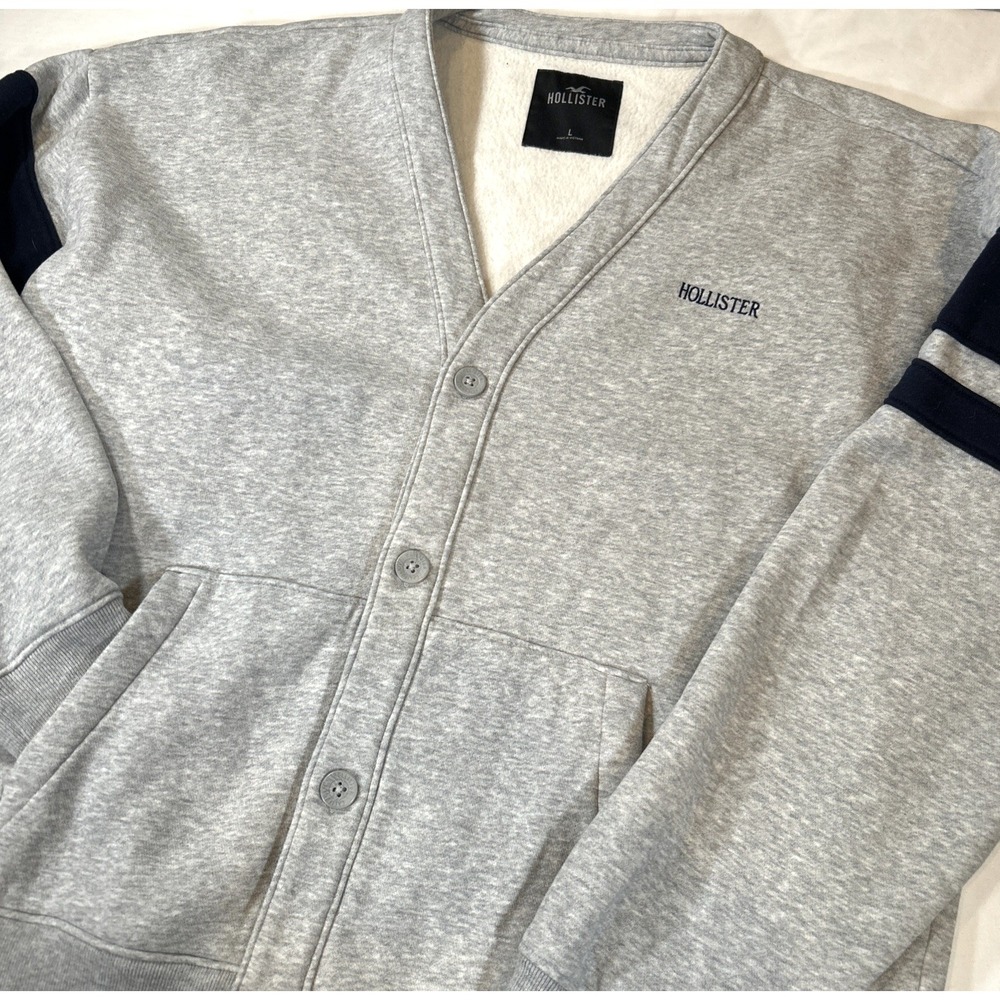Hollister Mens L Blue/Gray Button Up Sweatshirt Logo Cardigan Jacket‎ Y2K Layer